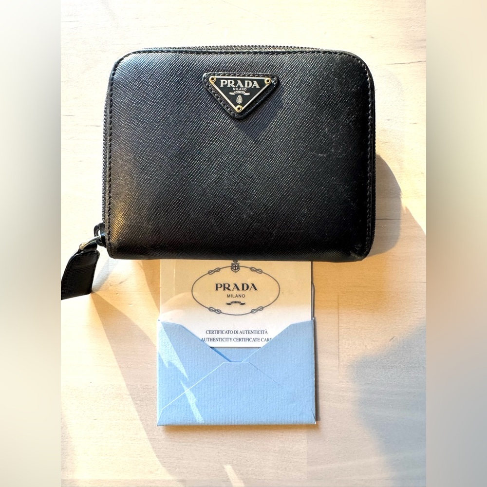 Prada Black Saffiano Leather Zip Wallet with Gold Logo